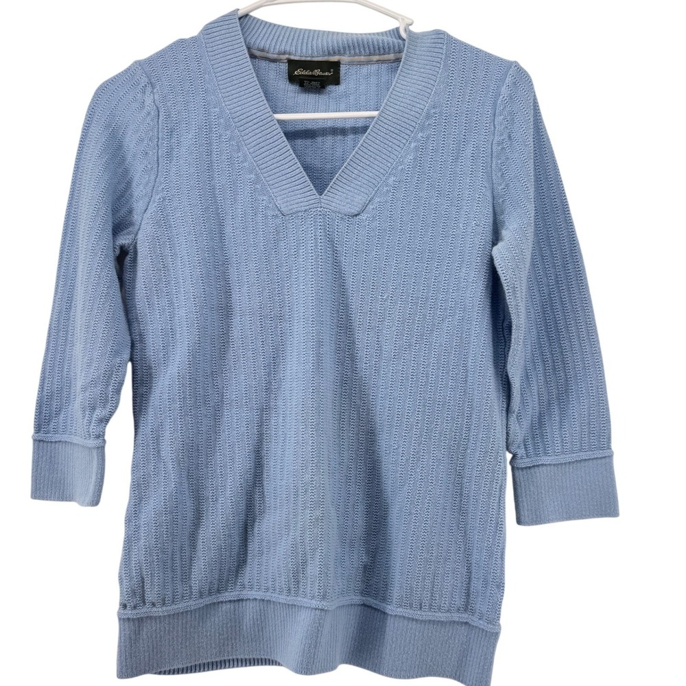 VTG Eddie Bauer Womens Small Light Blue 100% Cotton V-Neck 3/4 Sleeve‎ Sweater